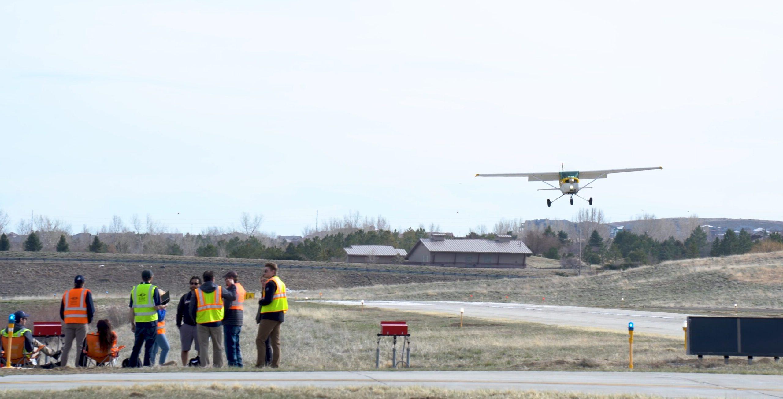 The 密歇根州立大学丹佛 precision flight team practices at Erie Municipal Airport.